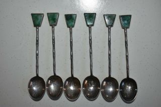 Set Of 6 Vintage Chinese.  900 Silver Jade Jadeite Tea Spoons,  1930 