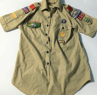 Vintage Bsa Boy Scouts Of America Official Shirt Adult Medium Khaki W/ Patches