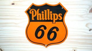 Vintage Phillips 66 Gasoline Shield Porcelain Sign Gas Oil Pump Plate Die Cut Nr