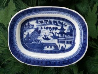 Antique 19th C.  Chinese Export Canton Blue & White Sm Oval Platter Serving Dish