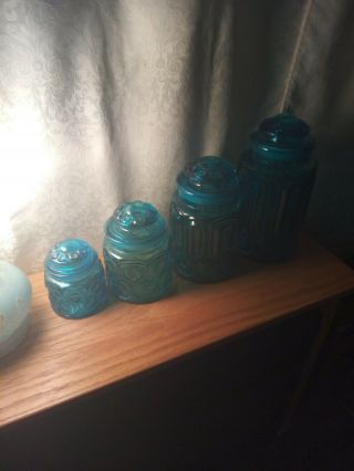 Vintage L.  E.  Smith Blue Glass Moon And Stars Canister Set Of 4