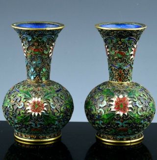 Fine Pair Antique Chinese Cloisonne Enamel Gold Gilt Bronze Miniature Vases