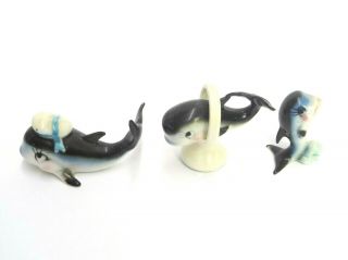Set Of 3 Miniature Dolphin Whale Ceramic Figurines Blue White Pink Jump Hoop