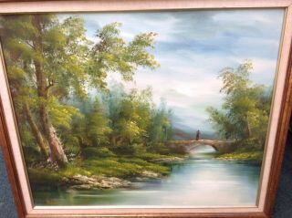 Vintage Landscape Painting Oil On Canvas Framed Signed Percy,  Hunter On Bridge