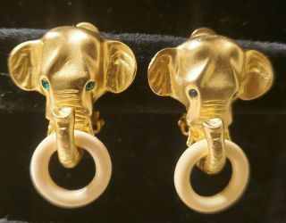 Vintage Elephant Clip - On Earrings Gold Tone Crystal Rhinestone With Green Eyes