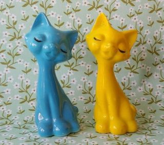 Vintage Blue Yellow Mini Cats Kittens Figurines Bisque Porcelain Japan