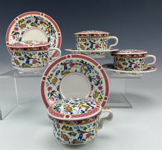 Set 4 Chinese Export Bird Tortoise Deer Porcelain Lidded Tea Cups & Saucers Ram