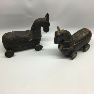 Pair Vintage Hand Carved Wooden Horse On Wheels Spice Box Wood