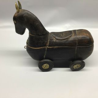 Pair Vintage Hand Carved Wooden Horse On Wheels Spice Box Wood 2