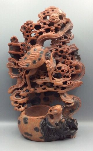 Antique Chinese Hand Carved Soapstone With Dragon And Phoenix Fine Detail