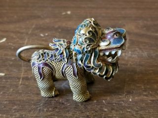 Vintage Chinese Brass Enamel Foo Dog Lion Figure Chain Mail Net Jeweled