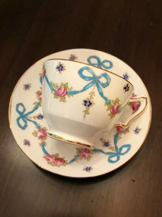 Vintage Crown Staffordshire England Blue Bow Tea Cup And Saucer Hand Painted