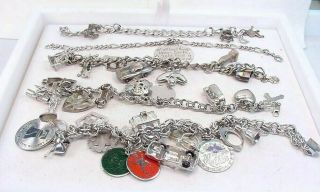 Estate Vintage Sterling Silver Charm Bracelets W/charms 5 Piece Group 139 Grams