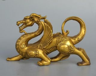 Chinese Fengshui Pure Brass Evil Dragon Kylin Unicorn Wing Beast Statue Trr
