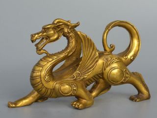 Chinese Fengshui Pure Brass Evil Dragon Kylin Unicorn Wing Beast statue TRR 2