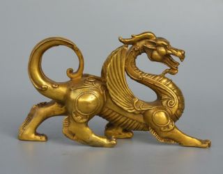 Chinese Fengshui Pure Brass Evil Dragon Kylin Unicorn Wing Beast statue TRR 3