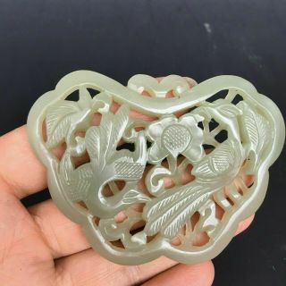 Chinese Antique Jade Hand Carved Birds And Flowers Plaque Pendant