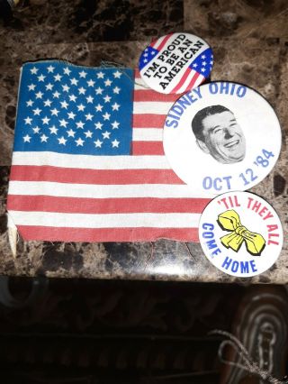Ronald Reagan Vintage Buttons And Flag During The 1984 Campaign In Sidney Ohio
