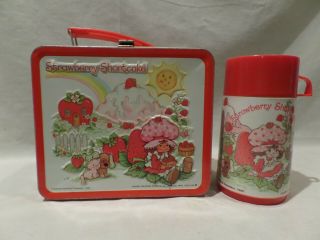 Vintage 1980 " Strawberry Shortcake " Metal Lunch Box With Matching Thermos By Ala
