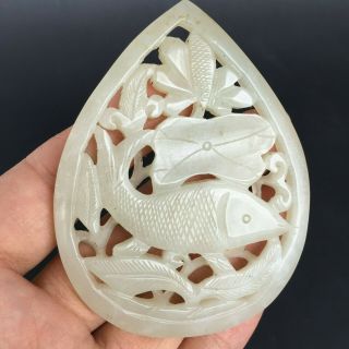 Chinese Antique White Jade Hand Carved Hollow Out Fish Flowers Plaque Pendant