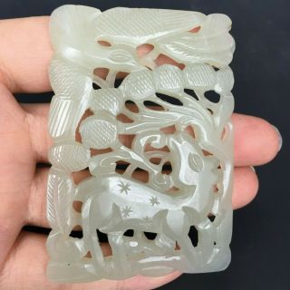 Chinese Antique White Jade Hand Carved Hollow Out Deer Phoenix Plaque Pendant