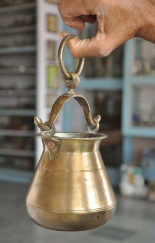 Old Brass Solid Unique Shape Handcrafted Holy Water Pot,  Rich Patina 2