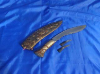 Vintage Nepalese Kukri Khukuri Gurkha Knife Dagger In Leather & Brass Scabbard
