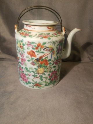 Antique Chinese Porcelain Famille Rose Teapot With Wire Handles 6 1/2 " Tall