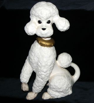 Vintage Ceramic Poodle Sitting White With Gold Collar Atlantic Mold Large 10 In