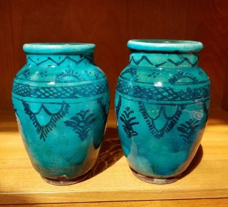 Persian Pottery Vases,  Kashan? Turquoise & Dark Blue/black