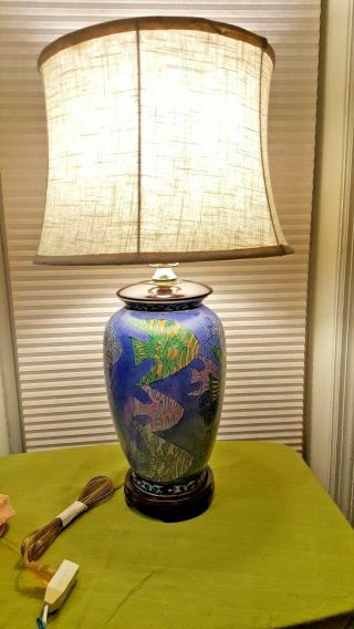 Vintage Blue Tropical Fish Ginger Jar Table Lamp 26 Inch With Shade