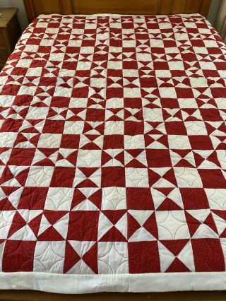 Omg Vintage Handmade Hand Quilted Hour Glass Red & White Quilt 74 " X 84