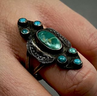 1920’s Vintage Native American Navajo Sterling Silver Turquoise Cluster Ring