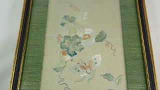 Antique Chinese 19th C.  Silk Embroidered Panel Textile Butterfles Qing Framed 3