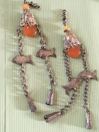2 Antique Vintage Chinese Silver Bat Pendants Carnelian Beads And Fish Beads