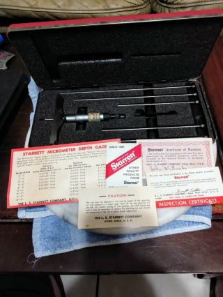 Vintage Starrett Depth Mic Micrometer 445 0 - 6 " By.  001 Complete Set W/ Case