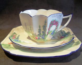 Fine Old Vintage Art Deco Shelley Queen Anne Archway Of Roses Trio Porcelain Fab