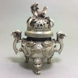 Exquisite Chinese Tibet Silver Copper Handwork Dragon & Lion Incense Burner