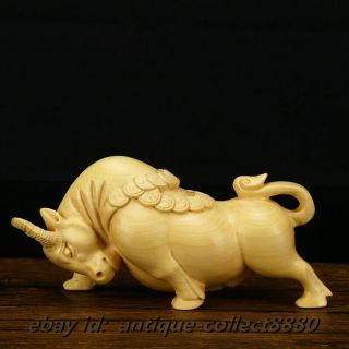 Chinese Box - Wood Hand Carved Zodiac Year Bull Oxen Cattle Ox Wealth Ruyi Statue
