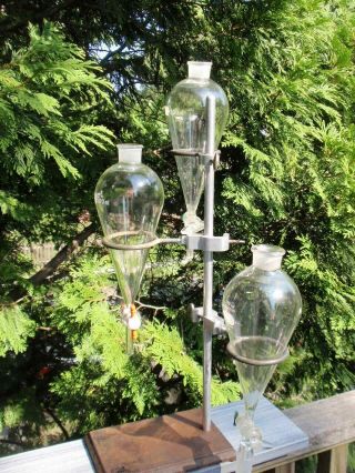 Vintage Fisher Science Lab Stand With 3 Seperatory Funnels 500 Ml Pyrex Glass