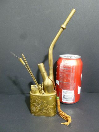Old Chinese (gold) Bronze Water Pipe W/ Accessories 8 1/2 " Tall Hq 7911