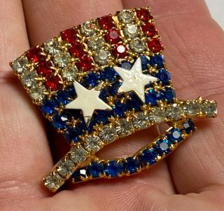 Patriotic America Uncle Sam Hat Rhinestone Stars Stripes 1.  5” Brooch Pin