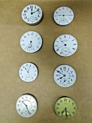8 Vintage Pocket Watch Movements,  Amer Waltham,  Elgin,  Century,  Hamilton,  Davis
