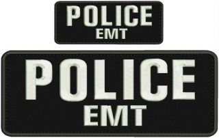 Police Emt Embroidery Patches 4x10 And 2x5 Hook On Back White