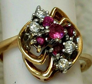 Vintage 14k Yellow Gold Diamond & Ruby Cluster Ring Size 5.  5,  3.  2 Gr