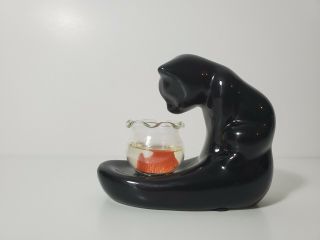 Ceramic Black Cat Holding Fish Bowl With Gold Fish Mini