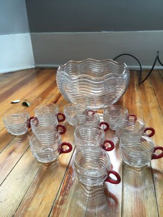 1930’s Vintage Duncan & Miller Carribean Ruby Glass Punch Bowl W/11 Glass Cups