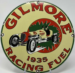 Vintage Gilmore Gasoline Porcelain Sign Gas Station Pump Plate Lion Motor Oil