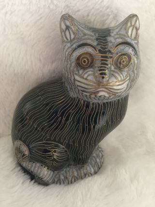 Vintage Cloisonne Cat Black Gray And White Gold Wire 4 1/2 " Tall