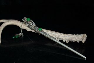 Chinese Old Vintage Tibet Silver & Green Jadeite Jade Beads Dragon Head Hairpin